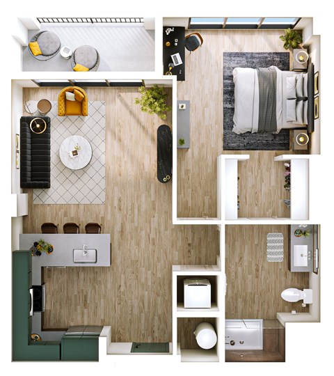 Floor plan for 1 bed, 1 bath, 829 sqft